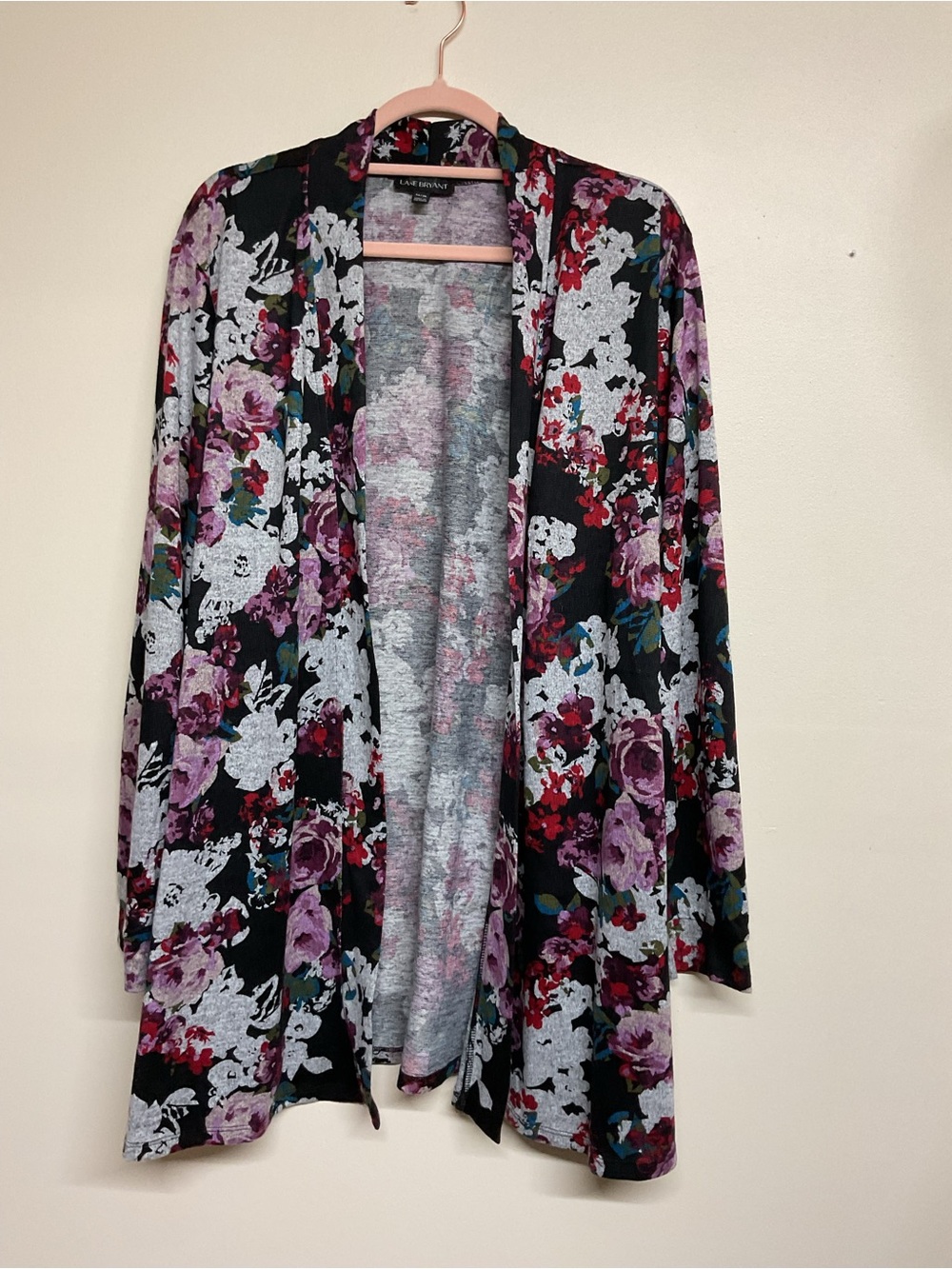 Lane Bryant Black Floral Open-Front Cardigan with Purple Accents